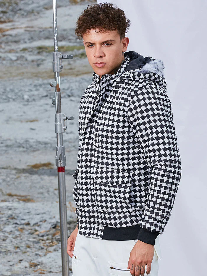 Checkboard Puffer Jacket With Fleece Hood