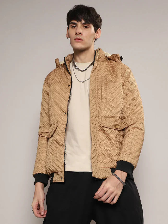 Self-Design Diamond Puffer Jacket With Fleece Hood